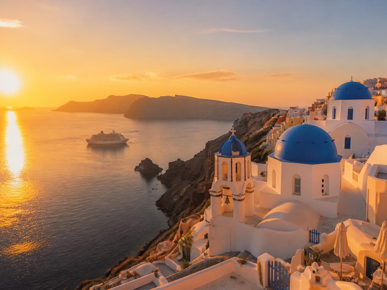 Santorini's caldera at golden hour, seen from a cruise itinerary stop